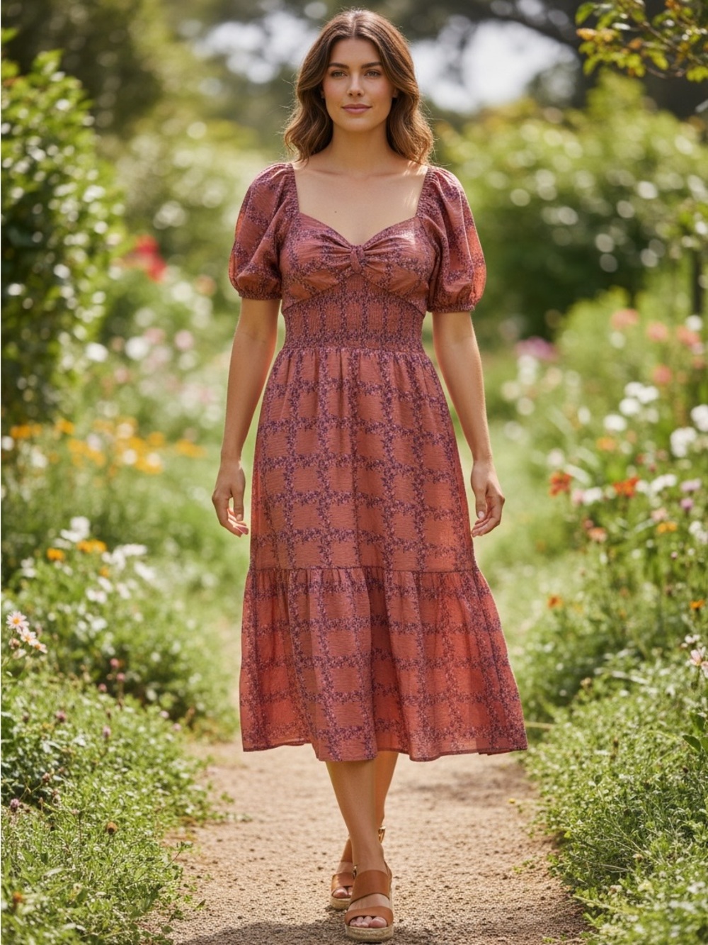 As U Wish Rust Floral Puff-Sleeve Midi Dress
